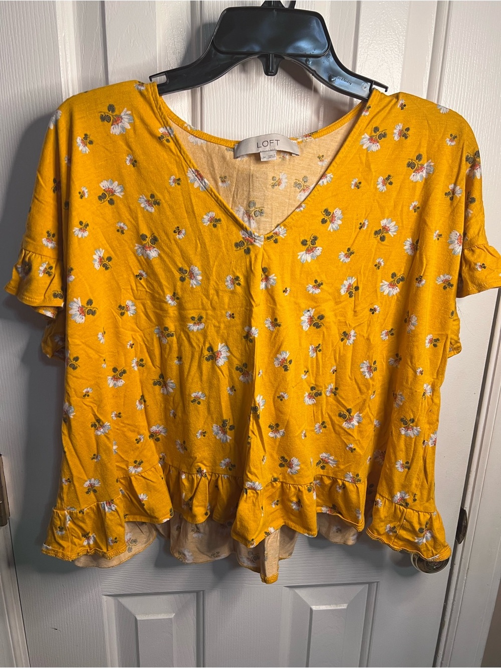 LOFT Mustard Yellow Floral V-Neck Ruffle-Hem Blouse